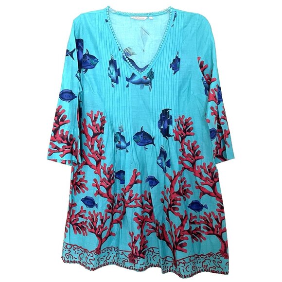 Soft Surroundings Seychelles Tunic Top M Tropical Fish Corals Beach Beaded NEW - Picture 2 of 10